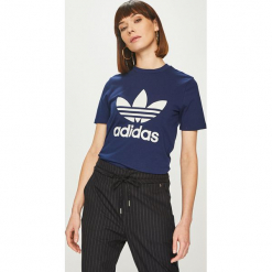 Adidas Originals - Top. Szare topy damskie adidas Originals, z nadrukiem, z bawełny, z okrągłym kołnierzem, z krótkim rękawem. Za 129.90 zł.