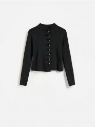 Sweter z ozdobnymi guzikami - czarny. Czarne swetry damskie Reserved, l, bez wzorów, z dzianiny, bez kołnierzyka, bez ramiączek, bez kaptura. Za 129.99 zł.