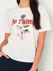 Koszulka z nadrukiem - kremowy. Białe t-shirty damskie Sinsay, l, bez wzorów, bez kołnierzyka. Za 25.99 zł.