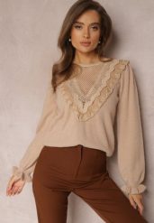 Beżowy Sweter z Falbankami i Ażurową Koronką Vegu. Brązowe swetry damskie Renee, z aplikacjami, z dzianiny, casualowe, bez kołnierzyka, bez ramiączek, długie, bez kaptura. Za 159.99 zł.