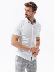 Koszula męska dzianinowa z krótkim rękawem - biała V1. Białe koszule męskie Ombre Clothing, m, bez wzorów, z dzianiny, bez kołnierzyka, bez ramiączek. W wyprzedaży za 49.99 zł.