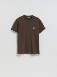 T-shirt regular z haftem - ciemnobrązowy. Brązowe t-shirty męskie Reserved, l, bez wzorów, z bawełny, bez kołnierzyka. Za 69.99 zł.