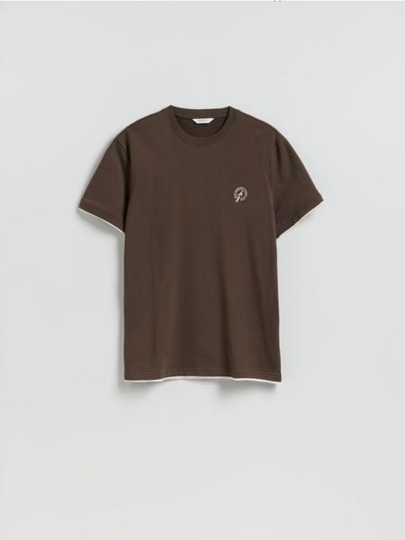 T-shirt regular z haftem - ciemnobrązowy. Brązowe t-shirty męskie Reserved, l, bez wzorów, z bawełny, bez kołnierzyka. Za 69.99 zł.
