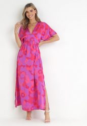 Fuksjowa Rozkloszowana Sukienka Maxi w Kwiaty Olvera. Czerwone sukienki damskie Born2be, m, bez wzorów, bez kołnierzyka, bez ramiączek, maxi, rozkloszowane. Za 149.99 zł.