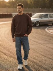 Bluza crewneck z obniżoną linią ramion - brązowy. Brązowe bluzy męskie Sinsay, l, bez wzorów, bez kaptura. Za 59.99 zł.