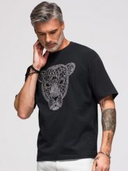 Męska koszulka loose fit z srebrno-czarną aplikacją pantery z cekinów i koralików - czarna V1 - Rozmiar: L. Czarne t-shirty męskie Ombre Clothing, l, z aplikacjami, z bawełny, klasyczne, bez kołnierzyka. Za 297.99 zł.
