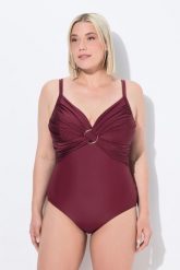 Damski Strój kąpielowy bez miękkich miseczek regulowane ramiączka z recyklingu. Fioletowe kostiumy jednoczęściowe damskie Ulla Popken, plus size, bez wzorów, z elastanu, eleganckie, plus size, do pływania. Za 239.99 zł.