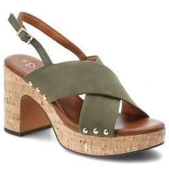 Sandały damskie Marco Tozzi, na wysokim słupku z krzyżowanymi paskami i regulowanym zapięciem przy pięcie osadzone na platformie o korkowym wykończen. Zielone klapki damskie Marco Tozzi, bez wzorów, bez obcasa, na obcasie, bez zapięcia. Za 224.90 zł.