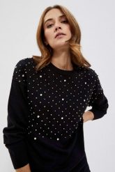 Sweter z perełkami. Czarne swetry damskie MOODO, m, bez wzorów, z poliamidu, bez kołnierzyka, bez ramiączek, długie, bez kaptura. W wyprzedaży za 59.99 zł.