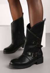 Czarne Asymetryczne Botki Biker Zdobione Klamrami Erimarae. Czarne botki damskie Born2be, eleganckie, bez obcasa, na płaskiej podeszwie, bez zapięcia. Za 149.99 zł.