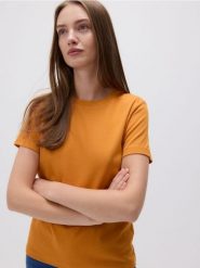 Bawełniany t-shirt - pomarańczowy. Brązowe t-shirty damskie Reserved, l, bez wzorów, z bawełny, bez kołnierzyka. W wyprzedaży za 59.99 zł.