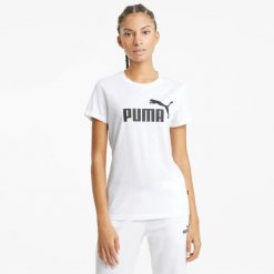 Koszulka PUMA z logo ESS. Białe t-shirty damskie Puma, s, bez wzorów, z materiału, sportowe, bez kołnierzyka. Za 31.87 zł.