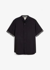 Koszula z krótkim rękawem z wiskozy, Slim Fit. Czarne koszule męskie bonprix, m, bez wzorów, z wiskozy, bez kołnierzyka, bez ramiączek. Za 32.99 zł.