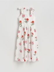 Sukienka midi w kwiaty - złamana biel. Sukienki damskie Reserved, l, bez wzorów, z bawełny, bez kołnierzyka, bez ramiączek, midi, rozkloszowane. Za 179.99 zł.