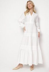 Biała Rozkloszowana Sukienka z Wiskozy Zdobiona Koronką Gonireth. Białe sukienki damskie Born2be, na co dzień, l, z aplikacjami, z jeansu, eleganckie, bez kołnierzyka, bez ramiączek, maxi, kopertowe. Za 159.99 zł.