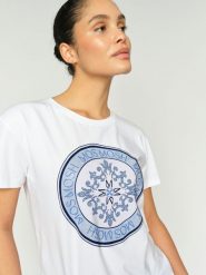 MOS MOSH Koszulka damska - MMJudd Kobiety Dżersej niebieski|biały nadruk, S. Białe t-shirty damskie Mos Mosh, s, z aplikacjami, z bawełny, bez kołnierzyka. Za 399.95 zł.