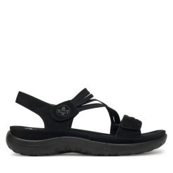 Sandały Rieker. Czarne sandały damskie Rieker, bez wzorów, bez obcasa, na płaskiej podeszwie, bez zapięcia. Za 223.99 zł.