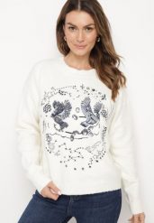 Jasnobeżowy Sweter z Ozdobnym Haftem z Przodu Minavira. Brązowe swetry damskie Born2be, uniwersalny, bez wzorów, z jeansu, eleganckie, bez kołnierzyka, bez ramiączek, bez kaptura. Za 159.99 zł.