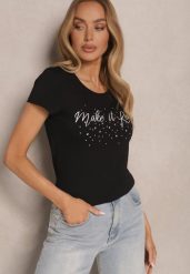 Czarny T-shirt z Bawełny Ozdobiony Napisem i Cyrkoniami Zreadia. Czarne bluzki damskie Renee, l, bez wzorów, z bawełny, klasyczne, bez kołnierzyka. Za 34.99 zł.