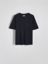T-shirt z błyszczącymi aplikacjami - czarny. Czarne t-shirty damskie Reserved, l, z aplikacjami, z bawełny, bez kołnierzyka. W wyprzedaży za 69.99 zł.