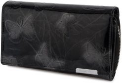 Jennifer Jones Damski skórzany portfel large lacquered zipper butterfly leather RFiD black 827. Czarne portfele damskie Jennifer Jones, bez wzorów. Za 163.07 zł.