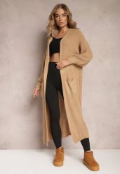 Brązowy Długi Kardigan Oversize Angellona. Brązowe kardigany damskie Renee, bez wzorów, bez kołnierzyka, bez ramiączek, długie, bez kaptura. Za 84.99 zł.