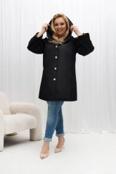 Czarny przejściowy płaszcz damski Arlene o trapezowym kroju z kapturem PLUS SIZE XXL OVERSIZE WIOSNA. Czarne płaszcze damskie Moda Size Plus Iwanek, na jesień, l, bez wzorów, z jeansu, biznesowe, plus size, krótkie, z kapturem. Za 389.90 zł.