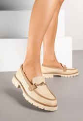 Beżowo-Brązowe Mokasyny z Klamrą Morira. Brązowe mokasyny damskie Renee, z jeansu, eleganckie. Za 89.99 zł.
