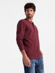 Zapinany pod szyją longsleeve męski z dzianiny waflowej – bordowy V2 OM-LSCL-0120 - XXL. Czerwone bluzki z długim rękawem męskie Ombre Clothing, l, bez wzorów, z bawełny, bez kołnierzyka. W wyprzedaży za 69.99 zł.