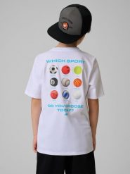 4F T-shirt regular z nadrukiem chłopięcy - biały 122 (6-7 lat). Białe t-shirty dla chłopców 4f, bez wzorów, z materiału, bez ramiączek. Za 59.99 zł.