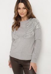 Jasnoszary Sweter z Bawełną Ozdobiony Cekinami Leanelwen. Szare swetry damskie Born2be, l, z aplikacjami, z bawełny, eleganckie, bez kołnierzyka, bez ramiączek, bez kaptura. Za 89.99 zł.