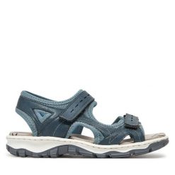 Sandały Rieker. Niebieskie sandały damskie Rieker, bez wzorów, bez obcasa, na płaskiej podeszwie, bez zapięcia. Za 259.99 zł.