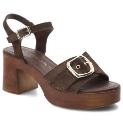 Sandały damskie Marco Tozzi, cholewka ze skóry naturalnej zamszowej drewnopodobne wykończenie elegancko casualowy styl, brązowe, 2-28391-46 361. Brązowe klapki damskie Marco Tozzi, bez wzorów, ze skóry, bez obcasa, na obcasie, bez zapięcia. Za 299.00 zł.