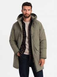 Klasyczna męska długa kurtka typu parka – oliwkowa V3 - Rozmiar: XL. Zielone parki męskie Ombre Clothing, m, z aplikacjami, z gumy, klasyczne, z kapturem. W wyprzedaży za 389.99 zł.