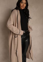 Beżowy Niezapinany Kardigan o Długim Kroju z Lamówką Venisse. Brązowe kardigany damskie Renee, bez wzorów, z jeansu, klasyczne, długie. Za 109.99 zł.