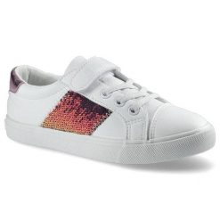 Trampki damskie Big Star, skóra ekologiczna z cekinową wstawką i sznurowaniem zakończonym paskiem z rzepem na płaskiej podeszwie, biało-różowe, FF374. Białe trampki i tenisówki dziewczęce Big Star, bez wzorów, ze skóry ekologicznej, bez zapięcia. Za 75.16 zł.