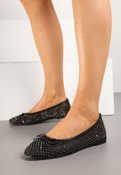 Czarne Siateczkowe Balerinki z Cyrkoniami i Kokardą Setallia. Czarne baleriny damskie Born2be, bez wzorów, z jeansu, eleganckie, bez obcasa, na płaskiej podeszwie. Za 59.99 zł.