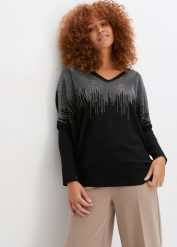 Cienki sweter z aplikacją ze sztrasów. Czarne swetry damskie bonprix, z aplikacjami, bez kołnierzyka, bez ramiączek, bez kaptura. Za 169.99 zł.