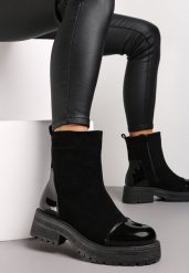 Czarne Botki na Grubej Podeszwie z Lakierowanymi Wstawkami Triestia. Czarne botki damskie Renee, bez obcasa, na płaskiej podeszwie, bez zapięcia. Za 69.99 zł.