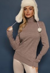 Beżowy Klasyczny Golf ze Ściągaczami przy Rękawach Felinia. Brązowe swetry damskie Renee, m, z aplikacjami, z jeansu, biznesowe, bez kołnierzyka, bez ramiączek, długie, bez kaptura. Za 69.99 zł.