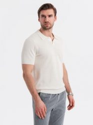 Bawełniana koszulka męska polo ze strukturalnej dzianiny złamana biel V4 OM-POSS-0117 XXL. Koszulki polo męskie Ombre, m, bez wzorów, z bawełny, bez ramiączek. Za 196.65 zł.