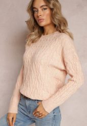 Jasnopomarańczowy Sweter z Okrągłym Dekoltem i Splotem w Warkocze Dawnitta. Brązowe swetry damskie Renee, bez wzorów, z dzianiny, casualowe, bez kołnierzyka, bez ramiączek, długie, bez kaptura. Za 79.99 zł.