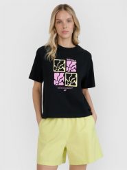 4F T-shirt oversize z nadrukiem damski - czarny M. Czarne koszulki sportowe damskie 4f, m, bez wzorów, z bawełny, bez kołnierzyka, bez ramiączek. Za 59.99 zł.