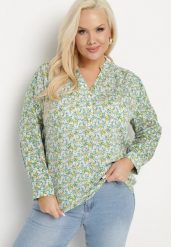 Jasnozielona Bluzka z Wiskozy w Kwiaty Edilitia. Zielone bluzki damskie Born2be, xl, bez wzorów, z jeansu, eleganckie, bez kołnierzyka, bez ramiączek. Za 39.99 zł.