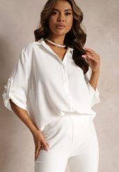Biała Koszula z Kołnierzem i Długimi Rękawami na Guzik Henvia. Białe bluzki damskie Renee, plus size, bez wzorów, bez kołnierzyka, plus size, bez ramiączek. Za 59.99 zł.