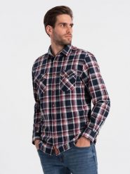 Męska koszula flanelowa z zapinanymi kieszeniami - czerwono-granatowa OM-SHCS-0137 - L. Niebieskie koszule męskie Ombre Clothing, l, bez wzorów, z bawełny, klasyczne, bez kołnierzyka, bez ramiączek. W wyprzedaży za 59.99 zł.