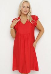 Czerwona Sukienka Pudełkowa z Bawełną i Trójkątnym Dekoltem Ozdobiona Falbankami Vikirva. Czerwone sukienki dla dziewczynek Born2be, bez wzorów, z bawełny, eleganckie, bez ramiączek, długie. Za 84.99 zł.