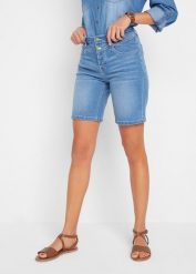 Bermudy dżinsowe ze stretchem. Niebieskie szorty damskie bonprix, bez wzorów, z jeansu. Za 112.99 zł.