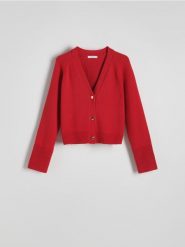 Bawełniany kardigan z guzikami - czerwony. Czerwone kardigany damskie Reserved, l, bez wzorów, z bawełny. W wyprzedaży za 89.99 zł.