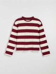 Bawełniana koszulka z długim rękawem w paski - bordowy. Czerwone t-shirty damskie Sinsay, l, bez wzorów, z bawełny, bez kołnierzyka. Za 29.99 zł.